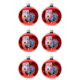 Boules de Noël verre soufflé timbres sur fond rouge 80 mm 6 pcs