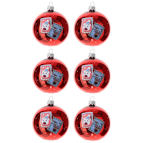 Scatola 6 pz palline natalizie con francobolli vetro soffiato 80 mm 1
