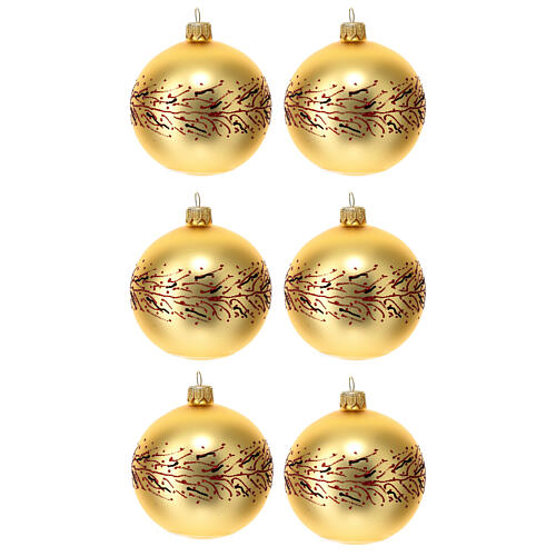 Set of 6 golden Christmas balls with red and black glitter 80 mm 1
