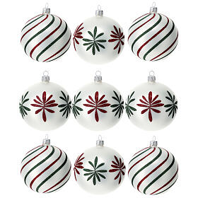 Set of 9 white Christmas balls with red and green glitter 100 mm