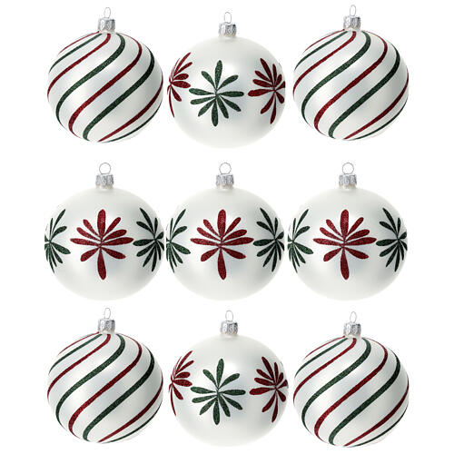 Set of 9 white Christmas balls with red and green glitter 100 mm 1