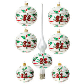 Set of 6 Christmas balls with topper, blown glass