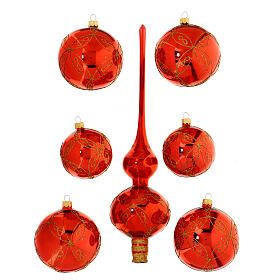 Set of 6 Christmas balls with topper, red blown glass