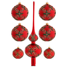 Set of 6 Christmas balls with topper, red blown glass