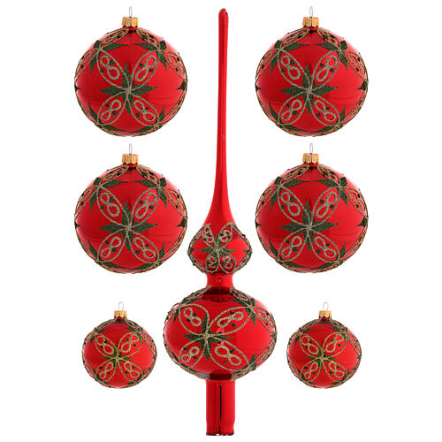 Set of 6 Christmas balls with topper, red blown glass 1