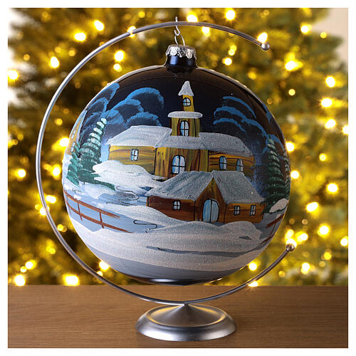 Christmas ball with snowy landscape by night, blown glass, 200 mm 2