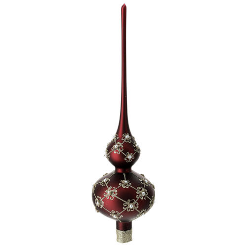 Christmas topper of red blown glass with golden pattern 1