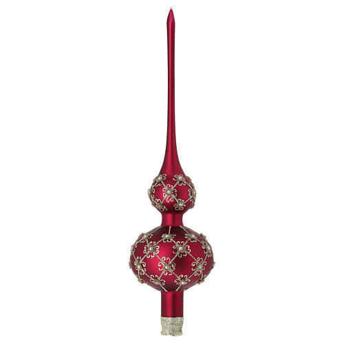 Christmas topper of red blown glass with golden pattern 1