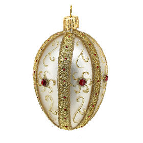 Egg-shaped Christmas ball, gold and silver blown glass with red stones, 80 mm