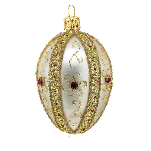 Egg-shaped Christmas ball, gold and silver blown glass with red stones, 80 mm 1