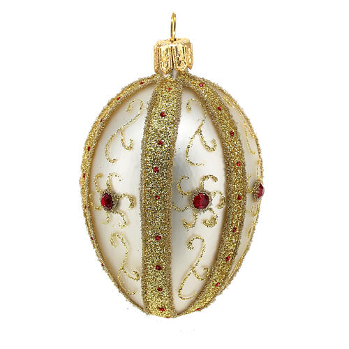 Egg-shaped Christmas ball, gold and silver blown glass with red stones, 80 mm 2