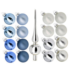 Christmas tree decoration kit with 16 balls of 50 mm and a topper, blue and silver blown glass