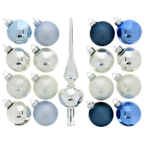 Christmas tree decoration kit with 16 balls of 50 mm and a topper, blue and silver blown glass 1