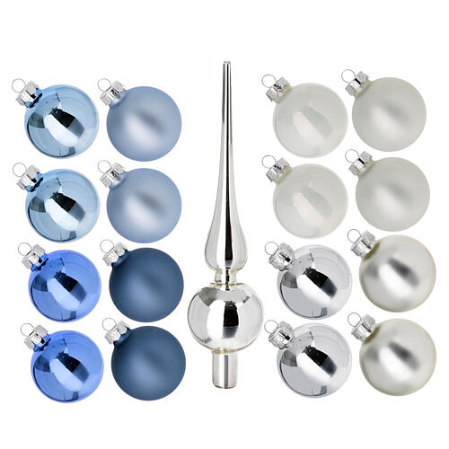 Christmas tree decoration kit with 16 balls of 50 mm and a topper, blue and silver blown glass 1