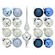 Christmas tree decoration kit with 16 balls of 50 mm and a topper, blue and silver blown glass s1