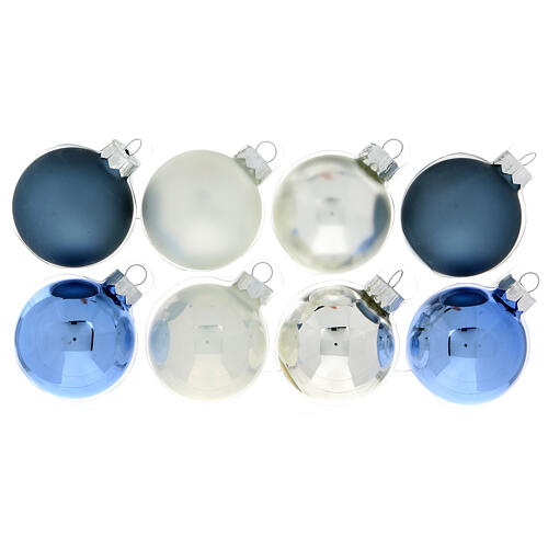 Conjunto enfeites árvore de Natal prata e azul ponteira e 16 bolas vidro soprado 50 mm 2