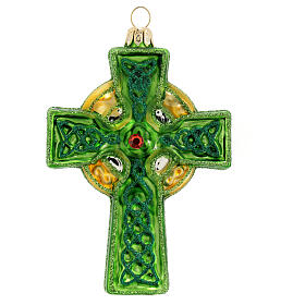 Green Celtic cross, Christmas tree decoration, blown glass