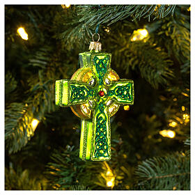 Green Celtic cross, Christmas tree decoration, blown glass