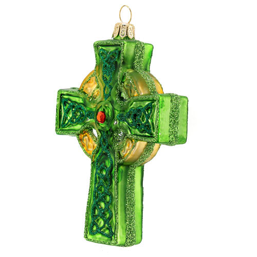 Green Celtic cross, Christmas tree decoration, blown glass 3