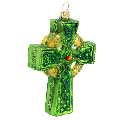 Green Celtic cross, Christmas tree decoration, blown glass 4