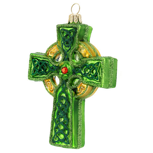 Green Celtic cross, Christmas tree decoration, blown glass 5