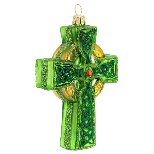 Green Celtic cross, Christmas tree decoration, blown glass 6