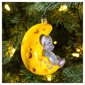 Mouse on a moon of cheese, Christmas tree decoration of blown glass