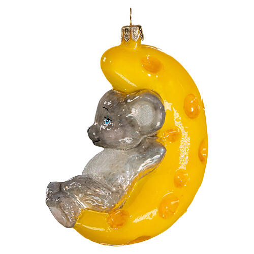 Mouse on a moon of cheese, Christmas tree decoration of blown glass 4