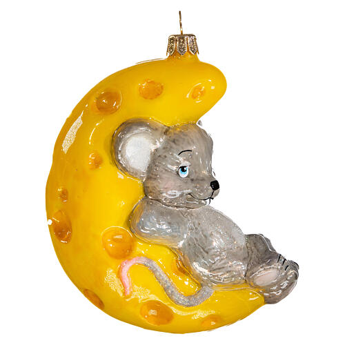 Ratinho numa lua de queijo enfeite vidro soprado para árvore de Natal 3