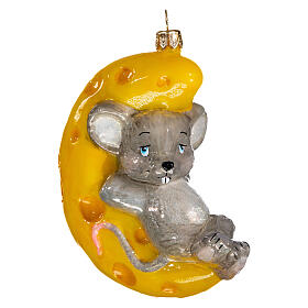 Mouse on cheese moon Christmas tree decoration blown glass