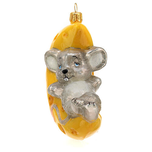 Mouse on cheese moon Christmas tree decoration blown glass 1