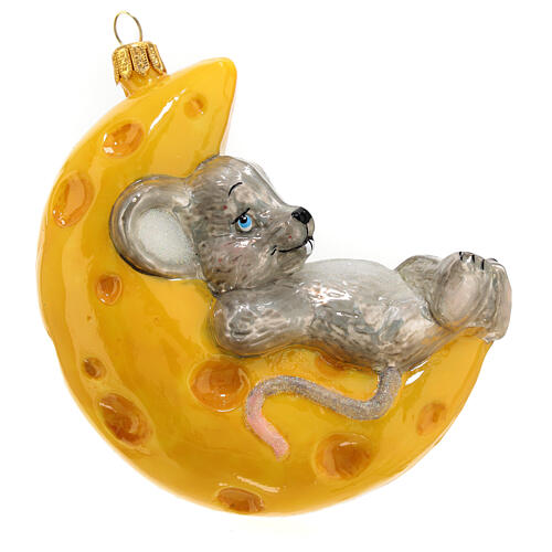 Mouse on cheese moon Christmas tree decoration blown glass 3