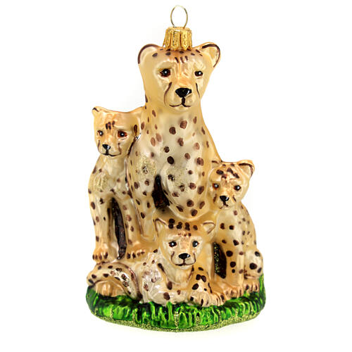 Cheetah with cubs blown glass Christmas tree decoration 1