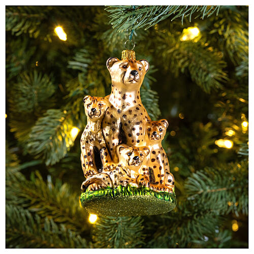 Cheetah with cubs blown glass Christmas tree decoration 2