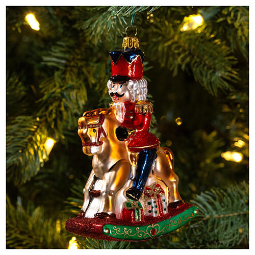 Nutcracker on a rocking horse, original Christmas tree decoration, blown glass 2