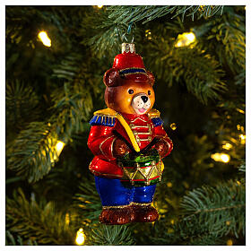 Teddybär mit Tamburin, Weihnachtsbaumschmuck aus mundgeblasenem Glas
