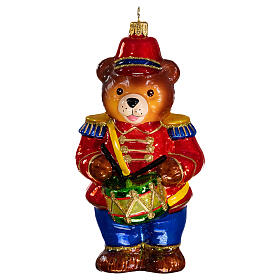 Teddy bear nutcracker with tambourine, original Christmas tree decoration, blown glass