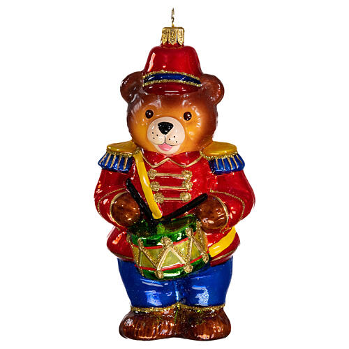 Teddy bear nutcracker with tambourine, original Christmas tree decoration, blown glass 1
