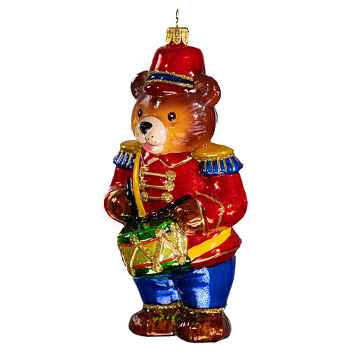 Teddy bear nutcracker with tambourine, original Christmas tree decoration, blown glass 3