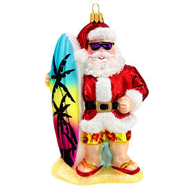 Weihnachtsmann als Surfer, Weihnachtsbaumschmuck aus mundgeblasenem Glas