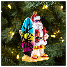 Surfing Santa, blown glass Christmas ornaments