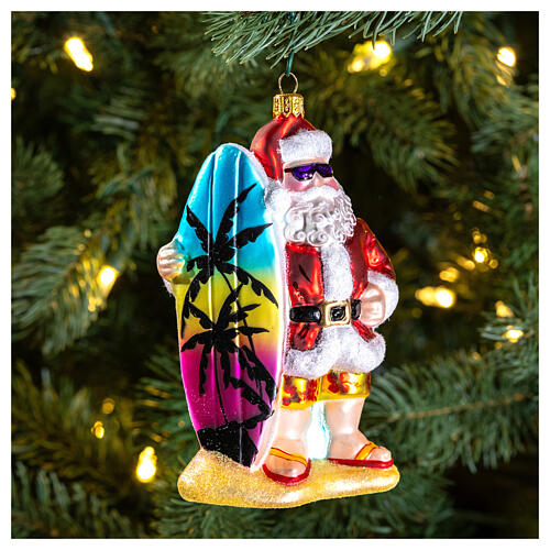 Surfing Santa, blown glass Christmas ornaments 2