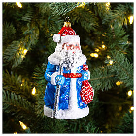 Ded Moroz manto azul e branco enfeite vidro soprado para árvore de Natal 15 cm