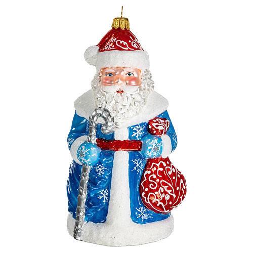 Ded Moroz manto azul e branco enfeite vidro soprado para árvore de Natal 15 cm 1