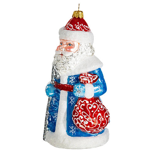 Ded Moroz manto azul e branco enfeite vidro soprado para árvore de Natal 15 cm 3