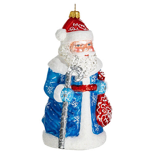 Ded Moroz manto azul e branco enfeite vidro soprado para árvore de Natal 15 cm 4