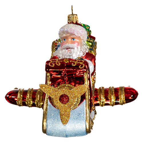 Santa on a sleigh-plane, original Christmas tree decoration, blown glass 1