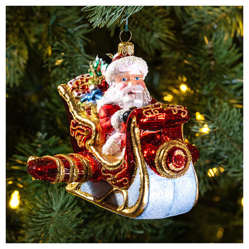 Santa on a sleigh-plane, original Christmas tree decoration, blown glass 2