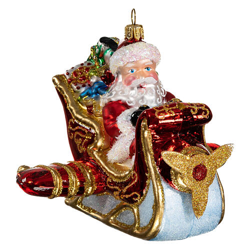 Santa on a sleigh-plane, original Christmas tree decoration, blown glass 3