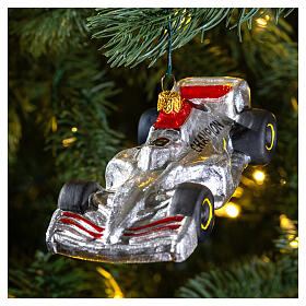 Grand Prix silver car, blown glass Christmas ornaments